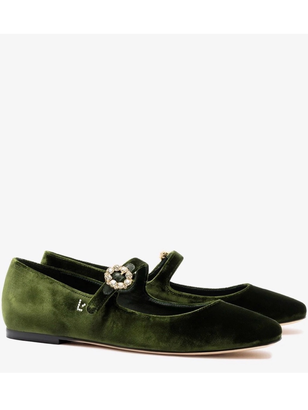 Nib Larroude Velvet Mary Jane Flats In Olive Green With Embellished Buckle, 8